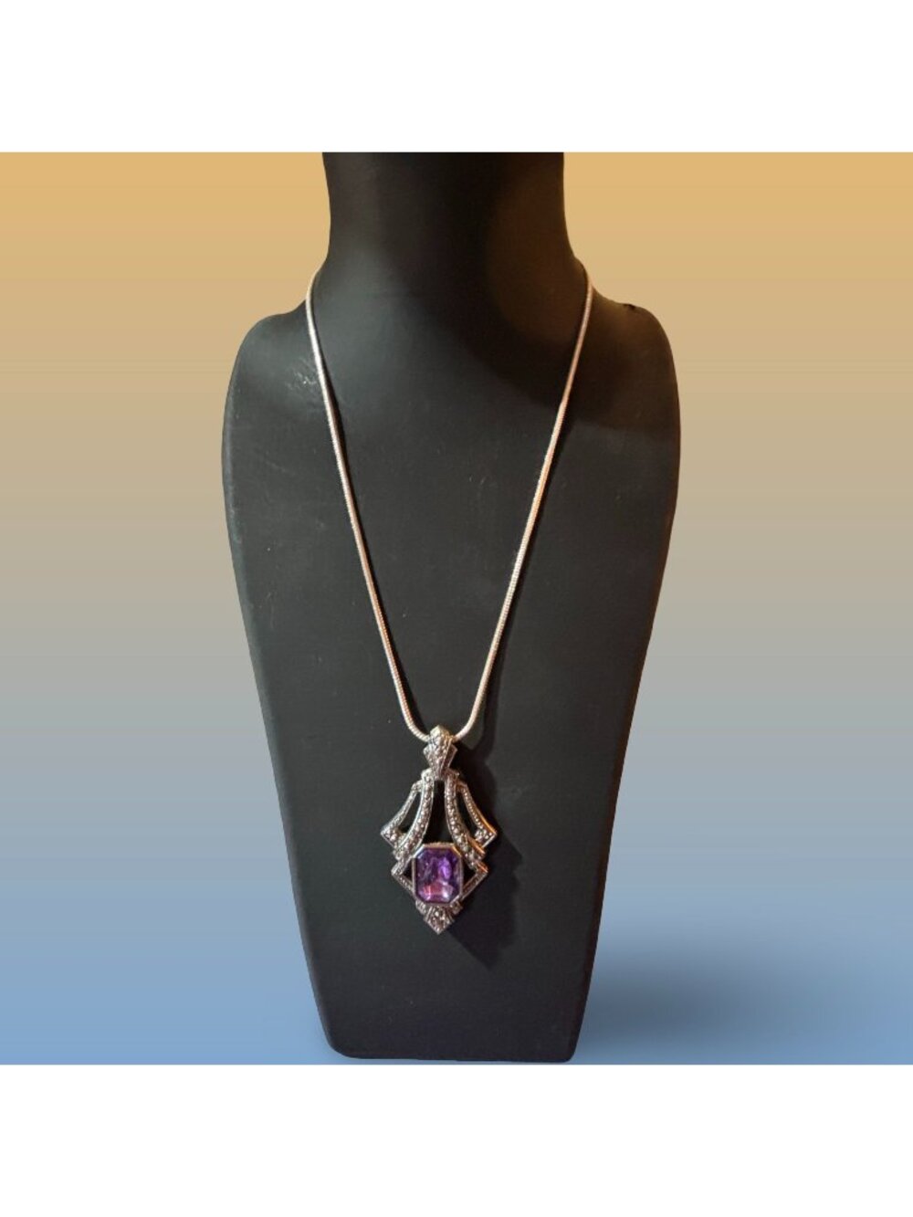 Avon Art Deco Amethyst Glass Marcasite Pendant Necklace Silver Tone Vintage Gift